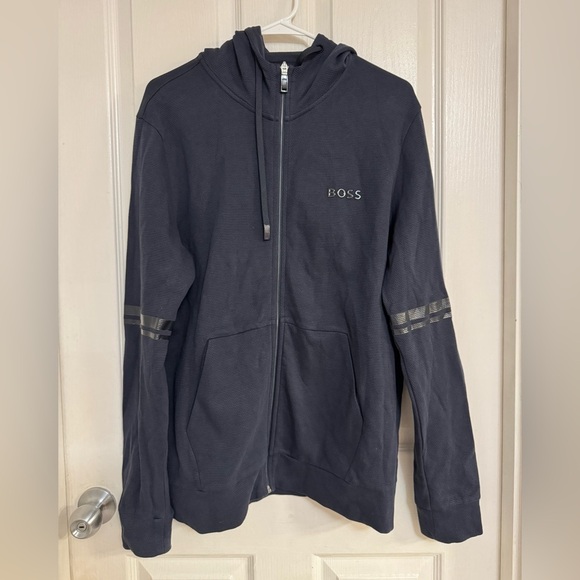 HUGO BOSS Cotton-Piqué Zip-Up Hoodie Dark Blue Size M | Made in Portugal - Picture 5 of 14